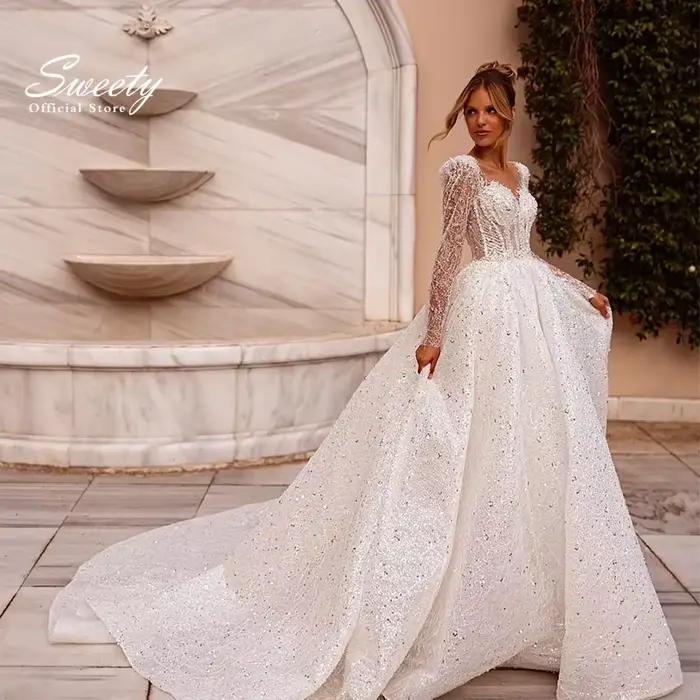 Robe de Mariée Luxueuse en Organza avec Broderie de Perles, Tenue de Bal à Manches sulf, Col Rond, à