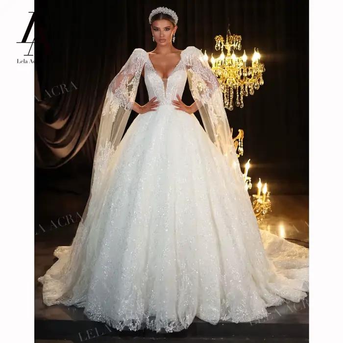 LelaAcra magnifique robe de mariée trapèze 2026 luxe col en v 2 en 1 cape princesse robe de mariée S