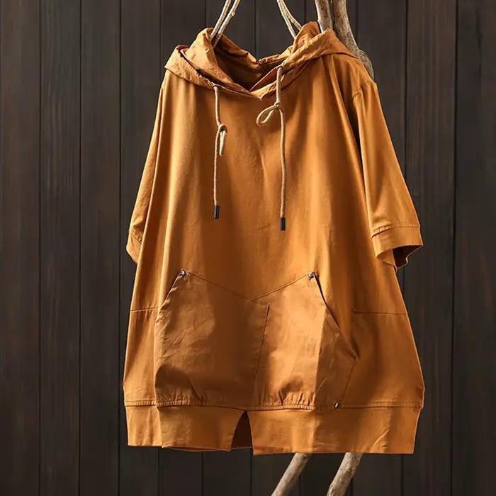 Chemisier à Capuche et Manches Courtes pour Femme, Pull en Coton Solide, Grande Taille, Été