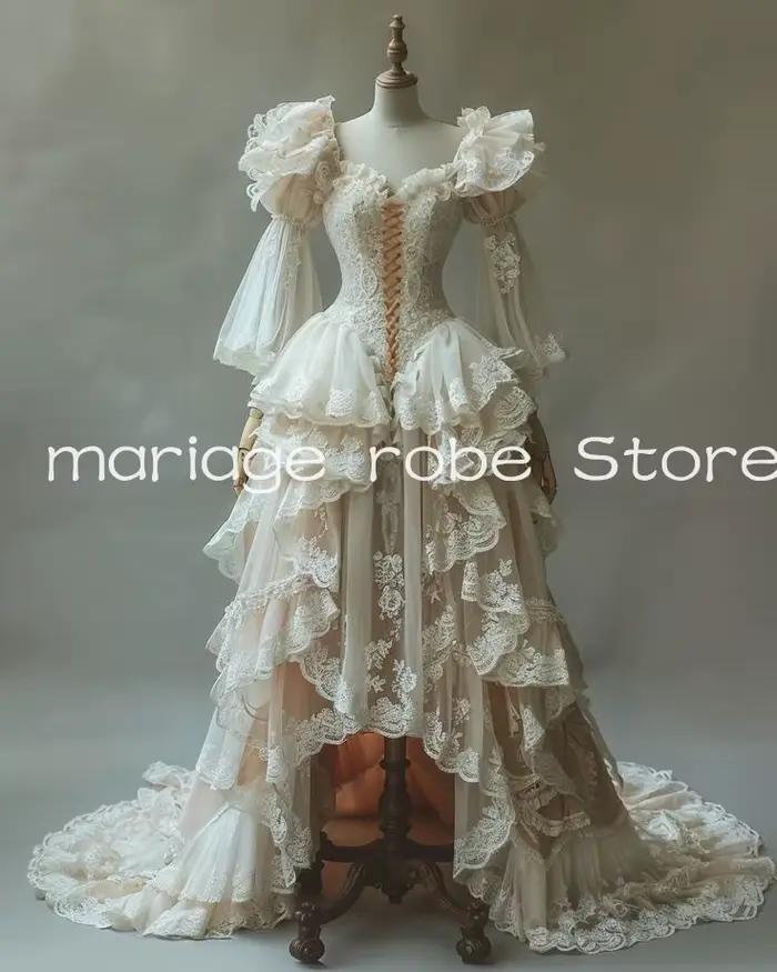 Robes de mariée gothiques victoriennes hautes et basses, sur mesure, fée, manches longues, Corset, r