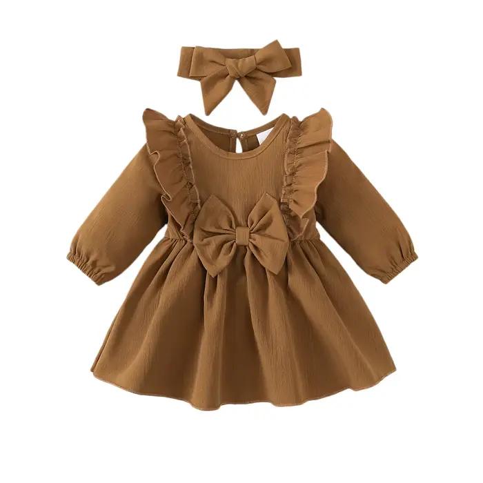 Robes de noël 5 couleurs, robe de princesse à manches longues avec nœud + bandeau pour bébés filles 