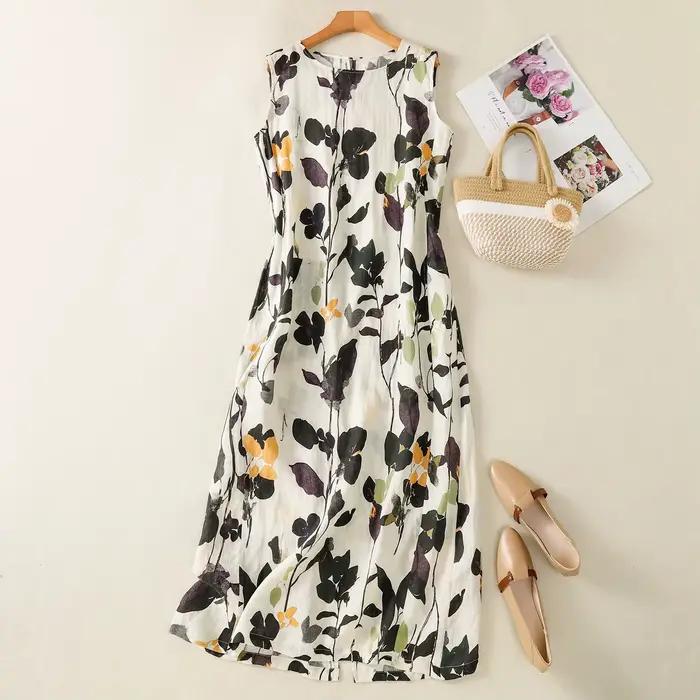 Robe sans manches à col rond imprimée en coton et lin pour femme, nouvelle collection été, style rét