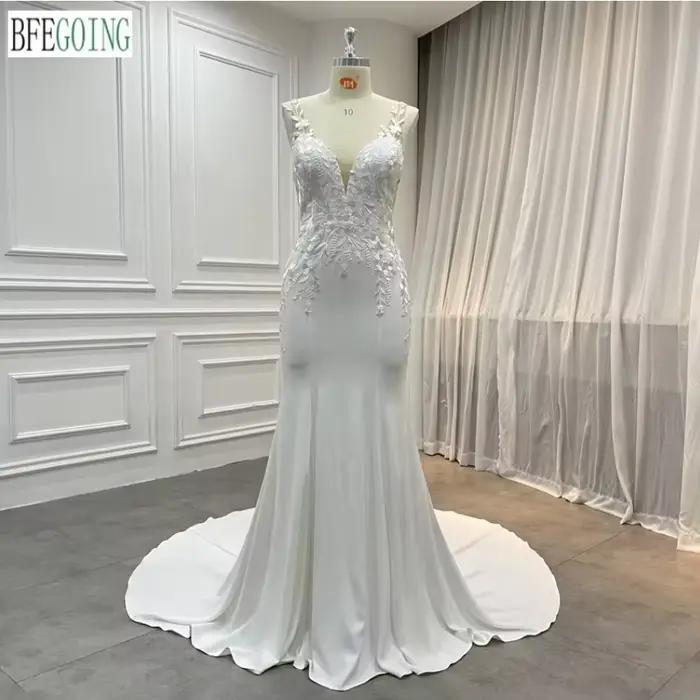 Robes de mariée sirène/trompette en mousseline de soie et crêpe en dentelle, avec traîne chapelle, p