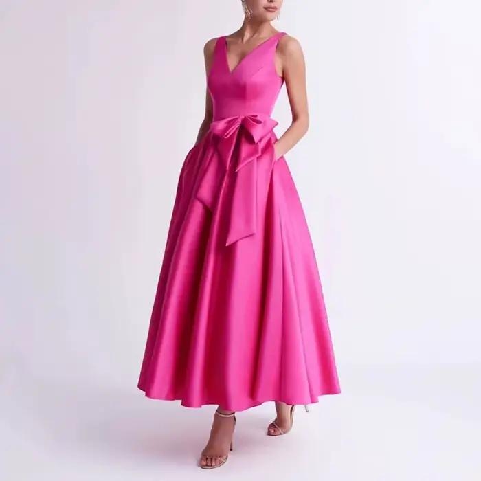 Robe de soirée simple personnalisée pour femme, sans manches, col en V, coupe trapèze, longueur thé,