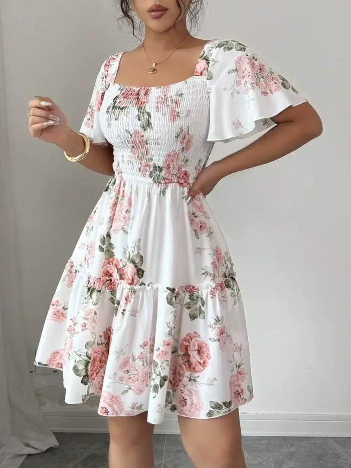 Robe décontractée à manches courtes pour femmes, imprimé floral, avec ceinture et ourlet à volants, 
