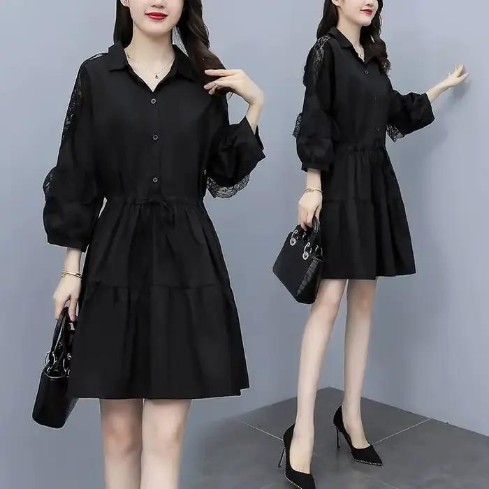 Robe en dentelle épissée à col Polo pour femme, couleur unie, manches longues, taille haute, tenue d