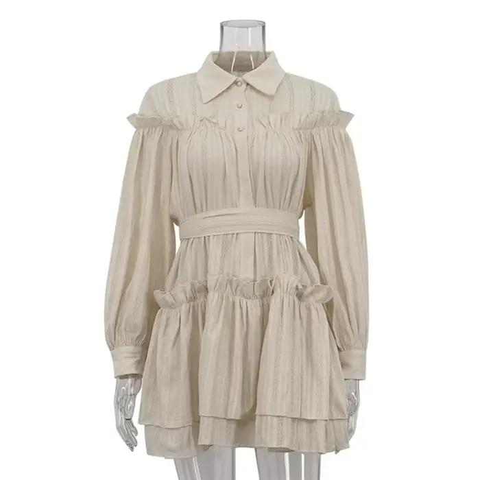 Robe chemise élégante à manches lanternes, taille auto-cravate, ourlet à volants, Mini robes de vaca