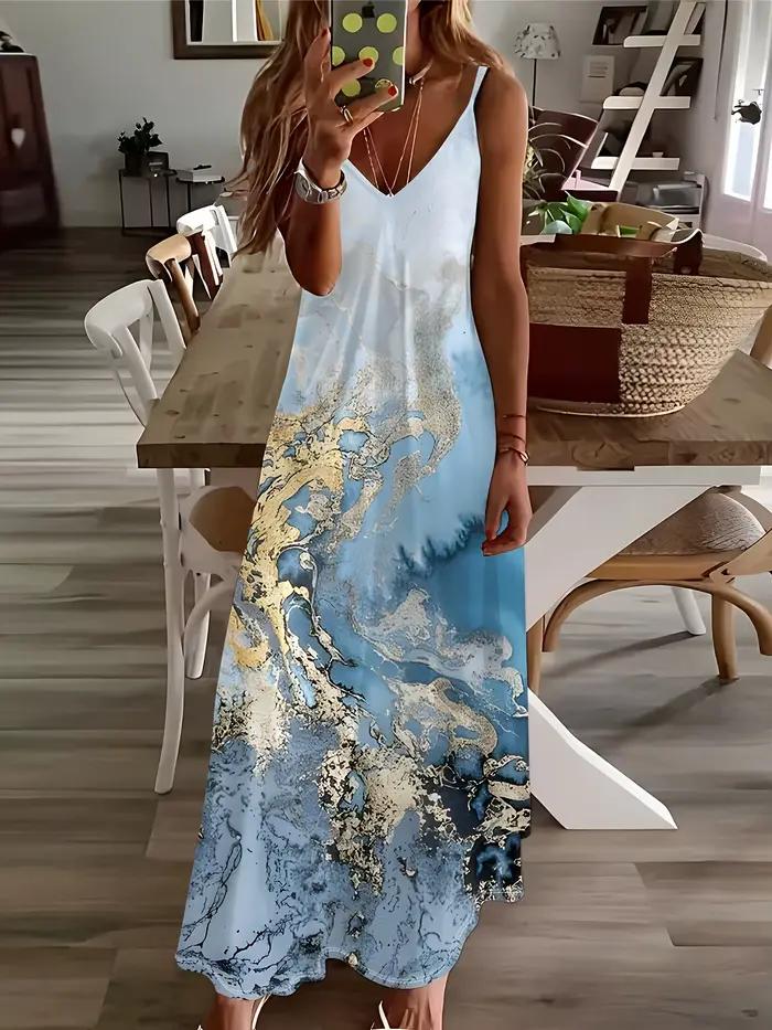 Robe d'été pour femme, sans manches, imprimé floral, maxi robe bleu ciel, motif montagne et nuages, 