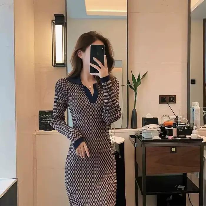 Robes polo au Crochet pour femmes, moulante, tricotée, à carreaux, élégante et jolie, bon marché, en