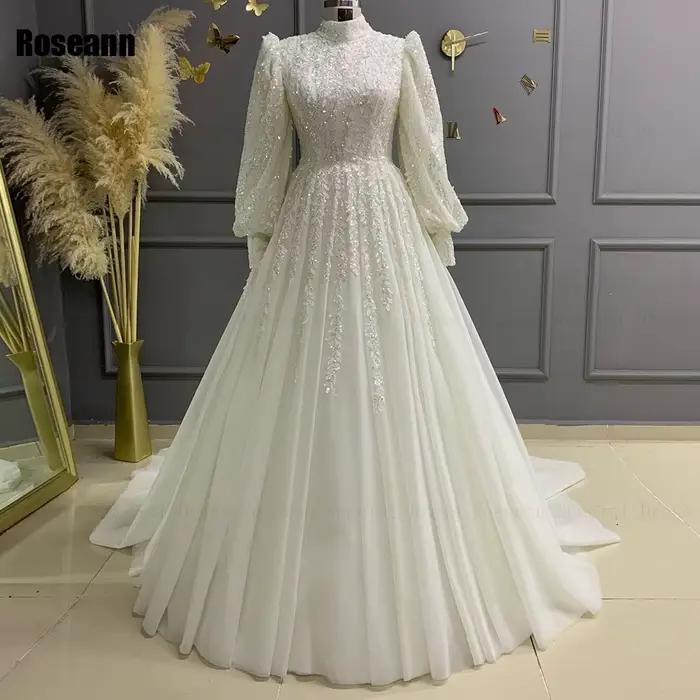 Robes de mariée A-Line musulmanes, robe de mariée drapée, plissée, paillette, appliques, dentelle, b