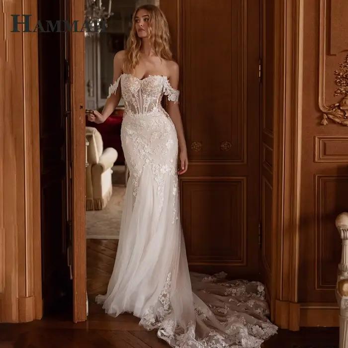 HAMMAH élégant hors De l'épaule robe De mariée fermeture éclair dentelle Appliques sirène chapelle T