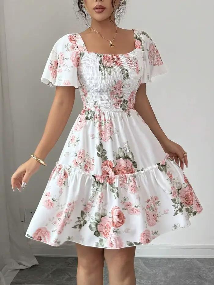 Robe décontractée à manches courtes pour femmes, imprimé floral, avec ceinture et ourlet à volants, 