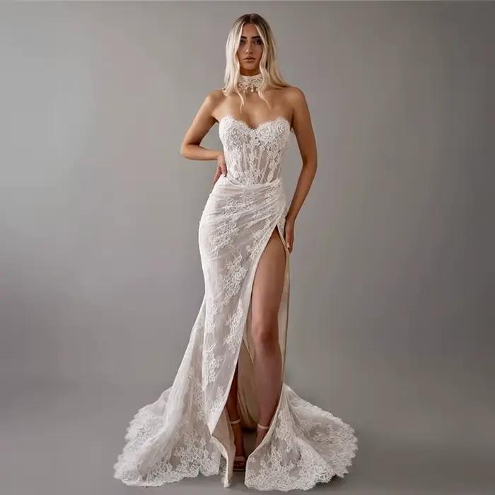 Robe de mariée en dentelle sans bretelles, glamour, personnalisée, avec fente latérale, détail drapé