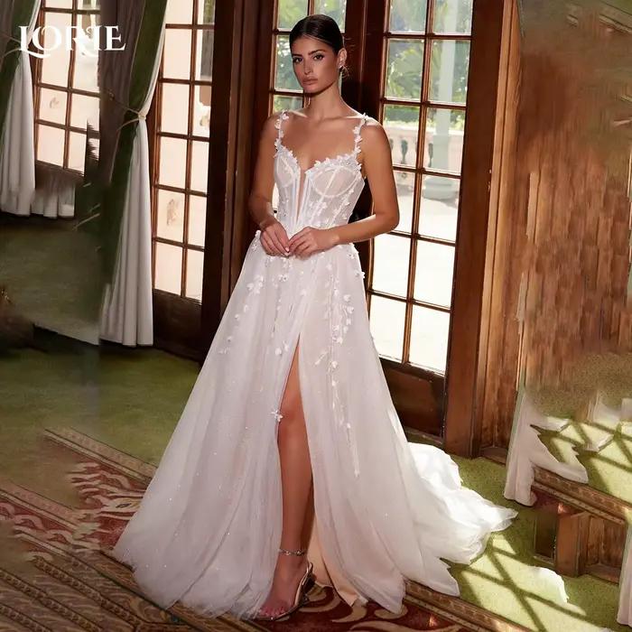 LORIE gracieuse dentelle plage robes de mariée 3D Floral appliqué fente a-ligne robes de mariée vest