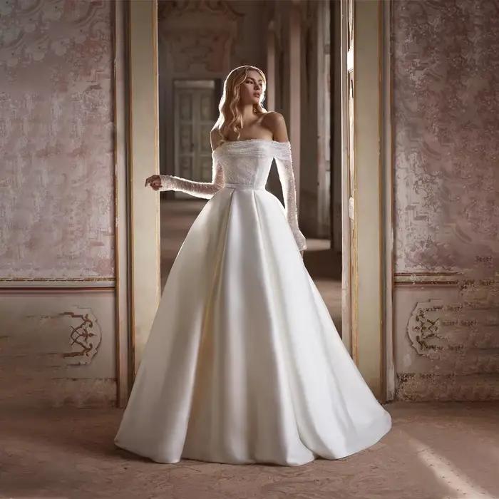 Robe de mariée personnalisée à paillettes scintillantes, épaules dénudées, manches longues, robe de 