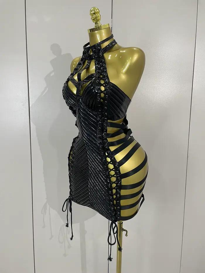 Robe courte en cuir noir pour femmes, Sexy, ajourée, gothique, col licou, chanteur de danse Gogo, di