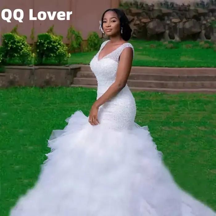QQ Lover-Robe de Mariée Sirène Luxueuse Perlée avec Perles Super Brillantes, Nouvelles Photos Réelle