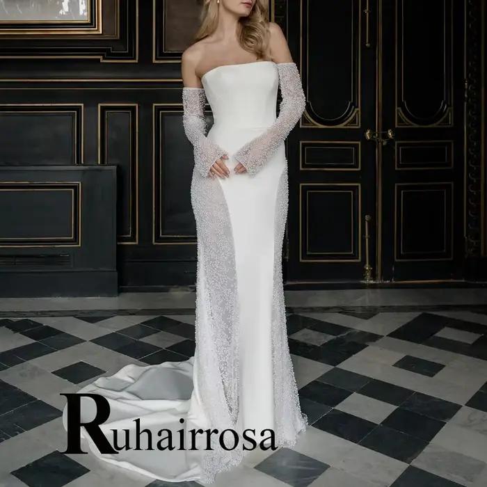 Ruhair charmante robes de mariée à épaules dénudées pour mariée perles Court Train bretelles fermetu
