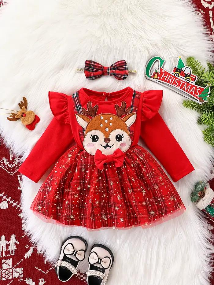 Robe de noël pour bébés filles, manches longues, jupe en Tulle à carreaux avec des appliques de renn