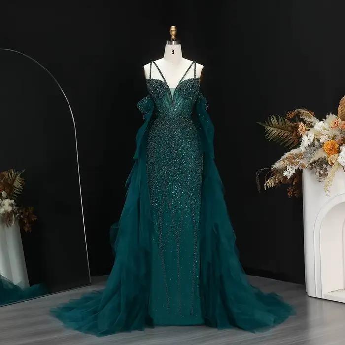 Robe de soirée Sharon Said Dubai Green à fines bretelles perlées avec manches à volants شارون سعيد R