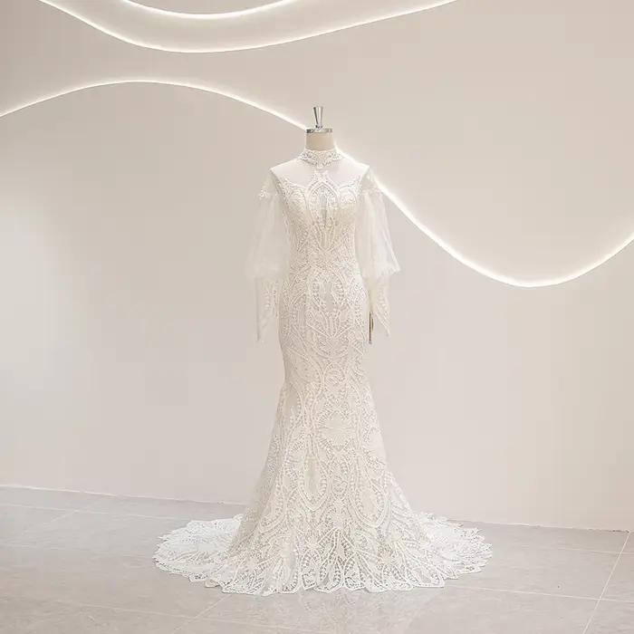 SL-9277 personnalisé haut cou robe de mariée sirène robes de mariée 2025 luxe conception perlée pour
