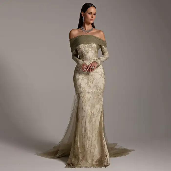 Sharon Said-Robe de Soirée en Dentelle Grise et Verte pour Femme, Tenue Élégante avec Surjupe, pour 