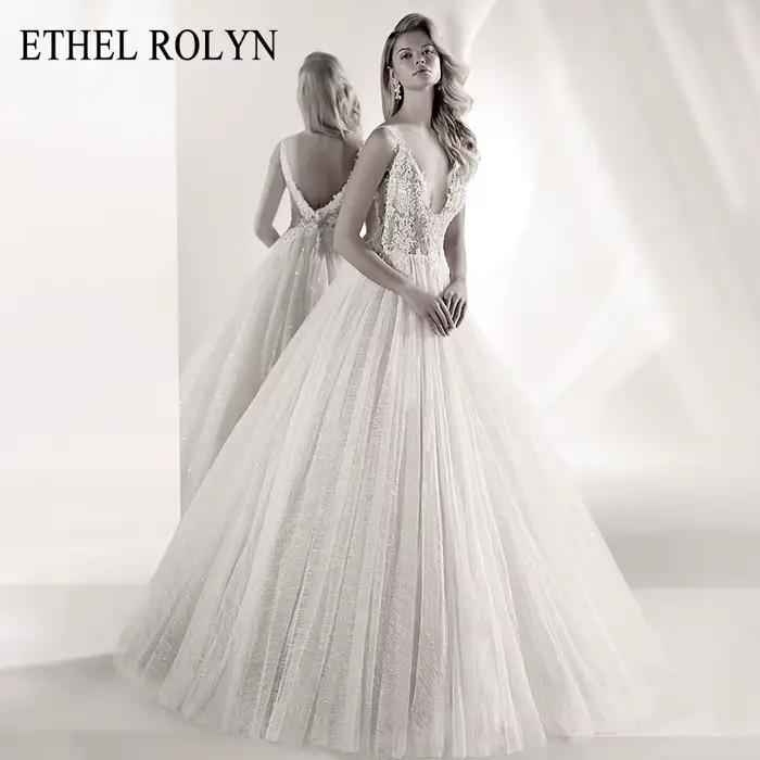 ETHEL ROLYN une ligne dentelle robes De mariée Vestido De Noiva col en v luxe scintillant perlé sans