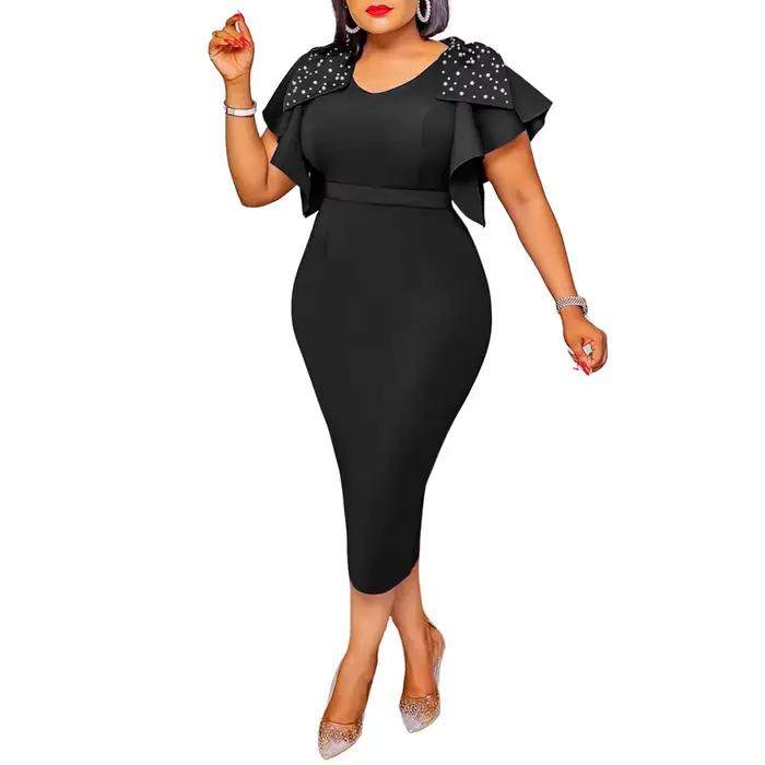 Robe fourreau mi-mollet pour femme, manches à volants perlés, dos fendu, robe de tambour, col en car