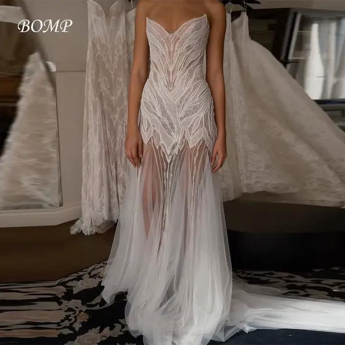 BOMP Robes de mariée élégantes en dentelle et tulle ivoire personnalisées Robes de mariée sirène san