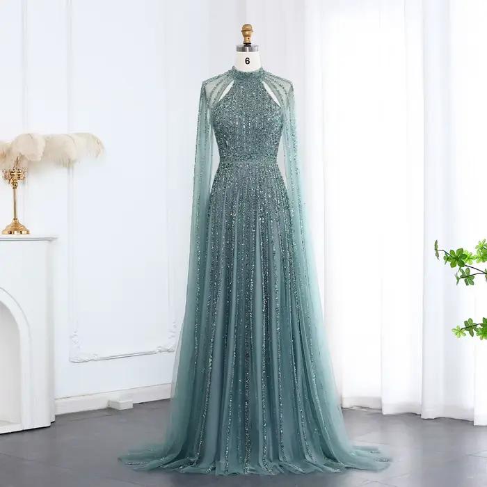 Sharon Said arabe Turquoise luxe dubaï robe de soirée avec manches Cape 2026 Caramel pour les femmes