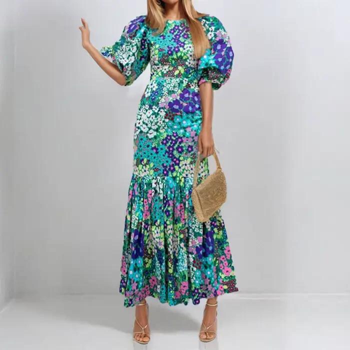 Robe imprimée à la mode pour femmes, décontractée, col rond, manches bouffantes, taille haute, vêtem