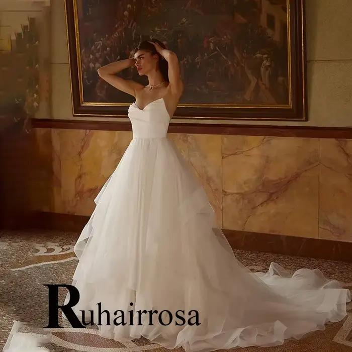Ruhair attrayant chérie robes De mariée a-ligne à plusieurs niveaux froncé sans manches bouton robe 