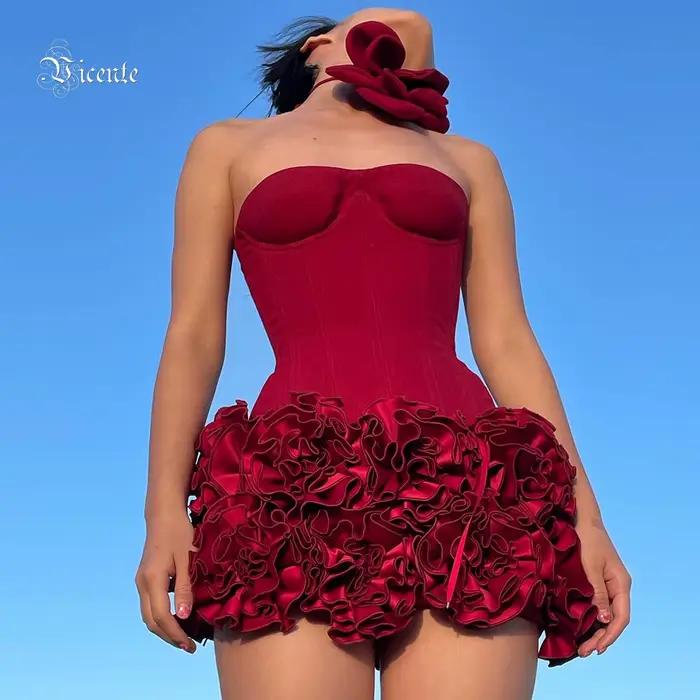 VC robe de noël sans bretelles dos nu rouge structuré Floral embelli Mini longueur moulante célébrit