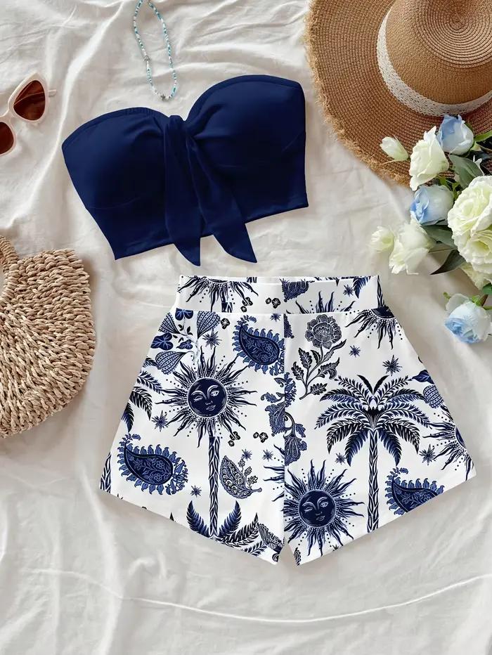 Ensemble 2 pièces pour femmes, imprimé cocotier et soleil, idéal pour les vacances d'été et le print