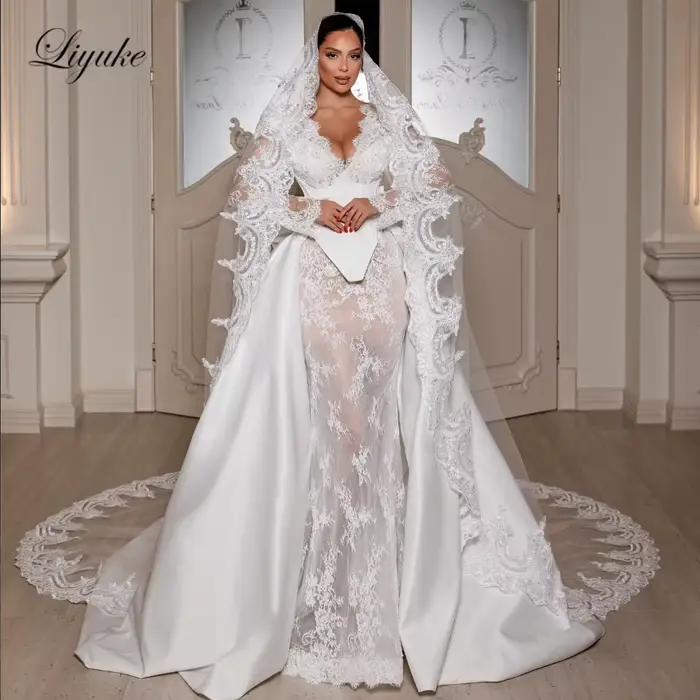 Robes de mariée sirène Liyuke sur mesure de luxe 3-en-1 à col en V, avec dentelle et manches longues