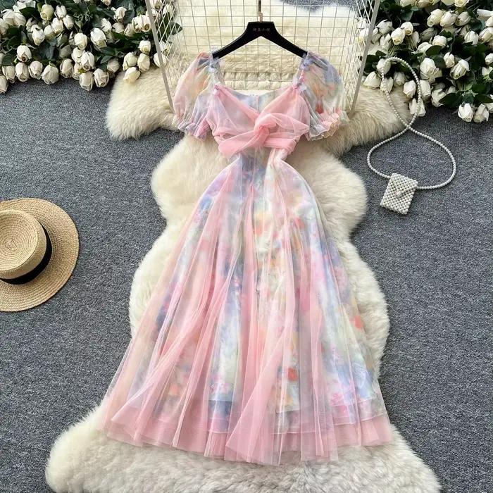 Robe longue Chic en maille, style féerique français, papillon 3D, bretelles Spaghetti, Design imprim