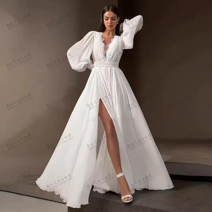 Robes de mariée charmantes en mousseline de soie coupe trapèze, manches longues bouffantes, pour soi