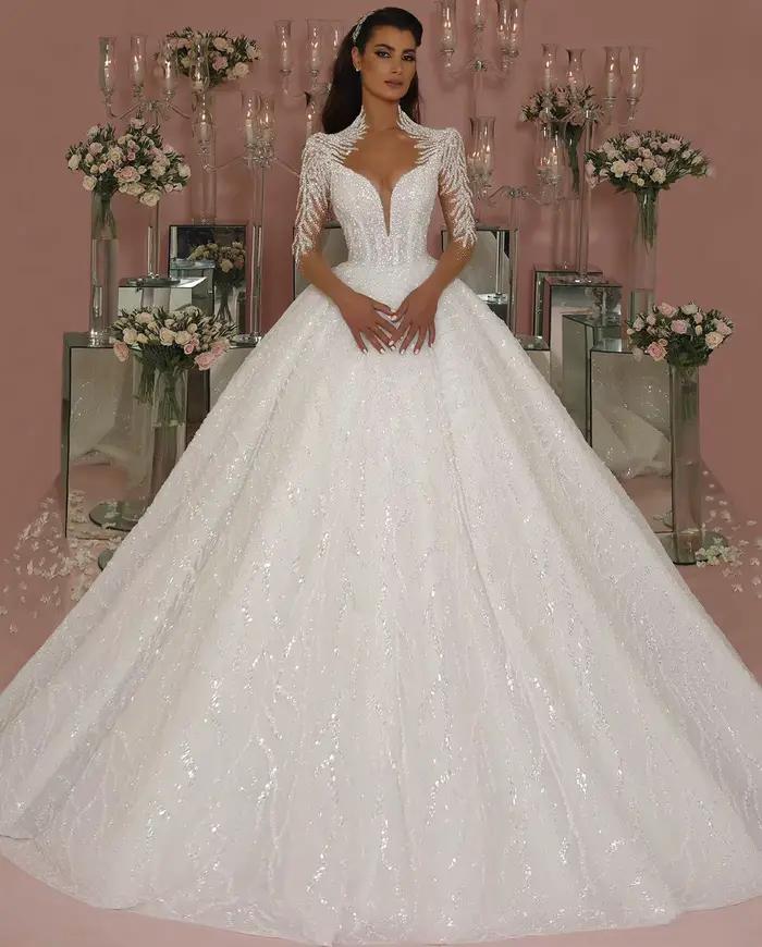 Robe de Mariée de Luxe à Paillettes, Col en V, Manches sulf, Longueur au Sol, sur Mesure