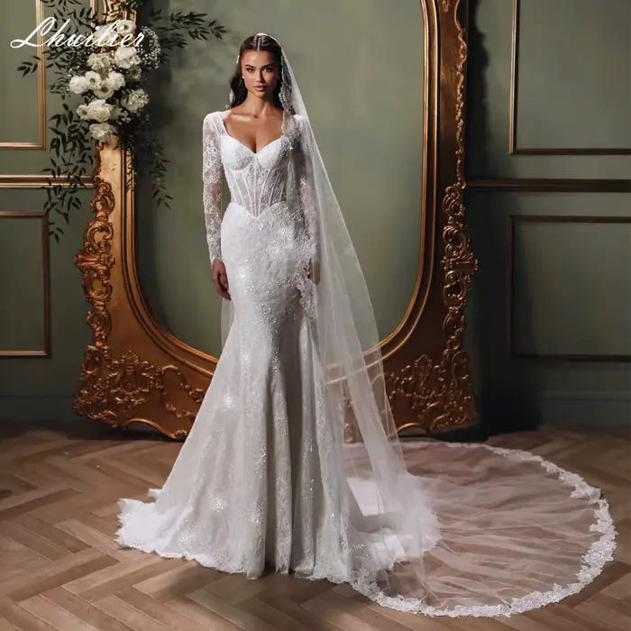 Lhuilier personnalisé sirène dentelle robes de mariée Illusion manches longues perles robe de mariée