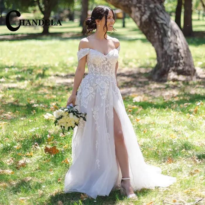 CHANDELA Robe de mariée élégante coupe trapèze pour femme, épaules dénudées, à lacets, avec applique