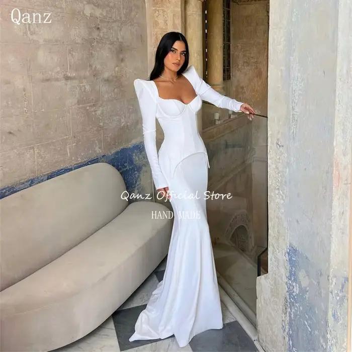 Qanz-Robe de Mariée Sirène en Satin Blanc à Manches sulfpour Femme, Corset Personnalisé pour Patient