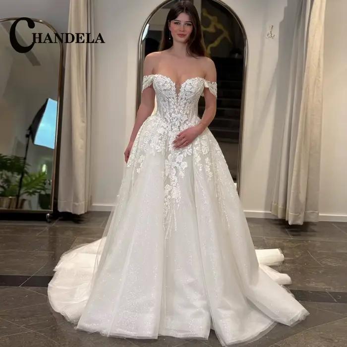 CHANDELA Robe de mariée de bal élégante pour femme, en tulle scintillant avec appliques en dentelle,