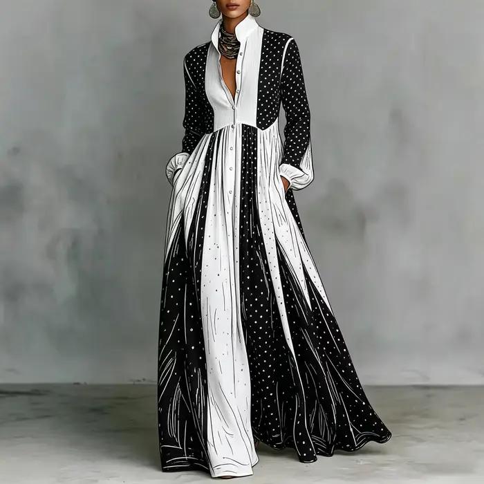 Robe longue plissée à pois noirs et blancs pour femme, élégante, à manches longues, avec poches, pou