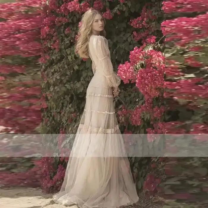 Robes de mariée vintage à col rond et manches longues bouffantes, robes en tulle simples, appliques 