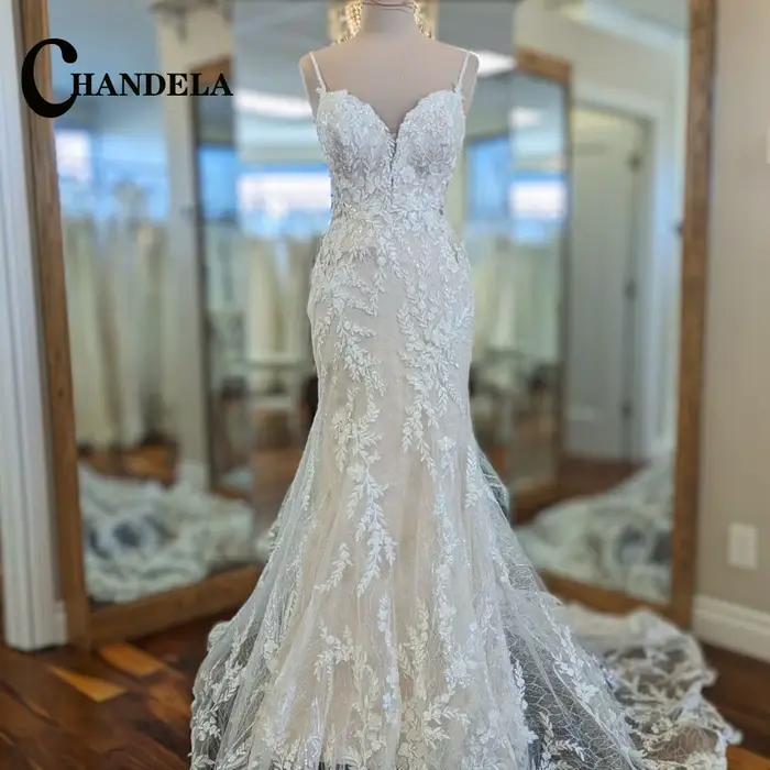 CHANDELA – robe De mariée charmante, bretelles Spaghetti, avec des Appliques en dentelle, sans manch