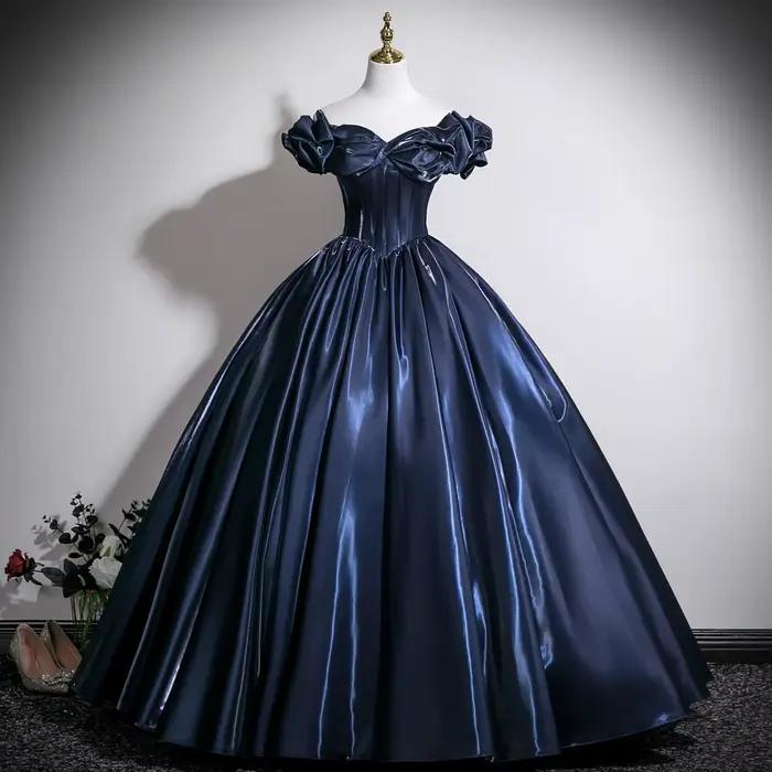 Robe de performance musicale bleu marine, élégante, épaules dénudées, robe de bal, robe de mariée po