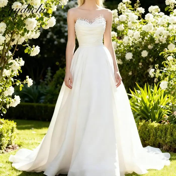 Robes de mariée personnalisées élégantes à col cœur en perles et en mousseline de soie 2026 pour fem