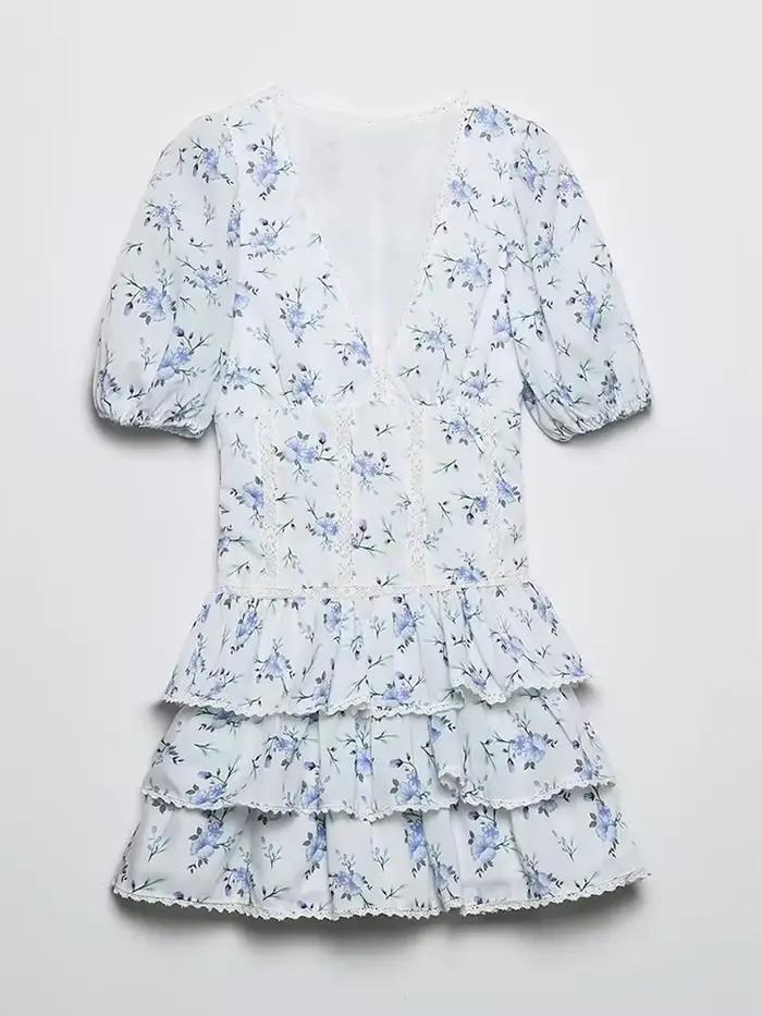 YENKYE-Mini robe à volants en dentelle pour femmes, imprimé floral, manches bouffantes vintage, garn