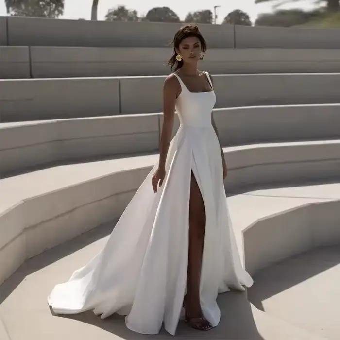Robes De mariée carrées simples personnalisées, sans manches, fente haute, dos demi-ouvert, ligne A,
