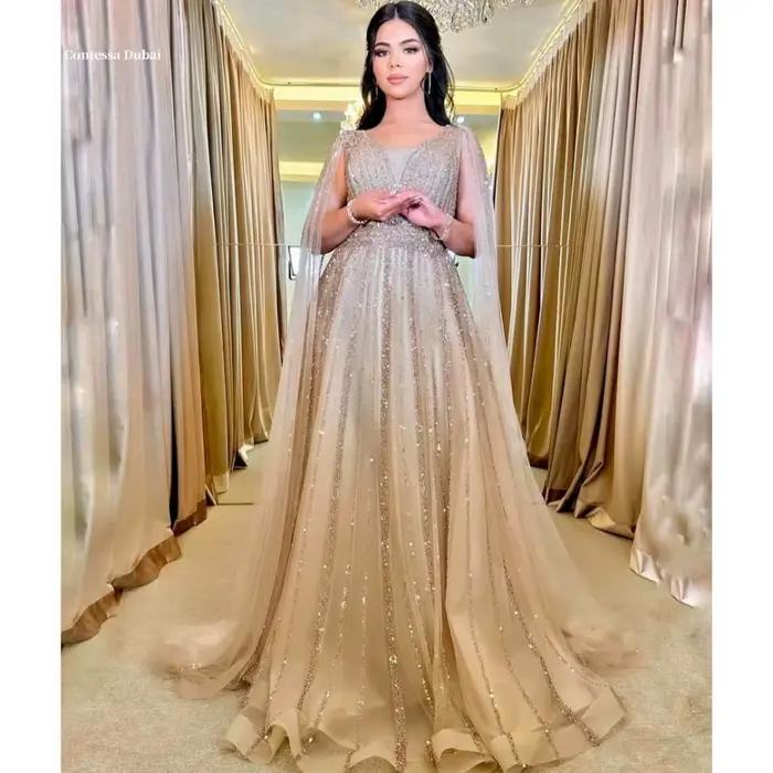 Contessa Dubai Champagne clair paillettes robe de mariée châle robes de noche longueur au sol sans m